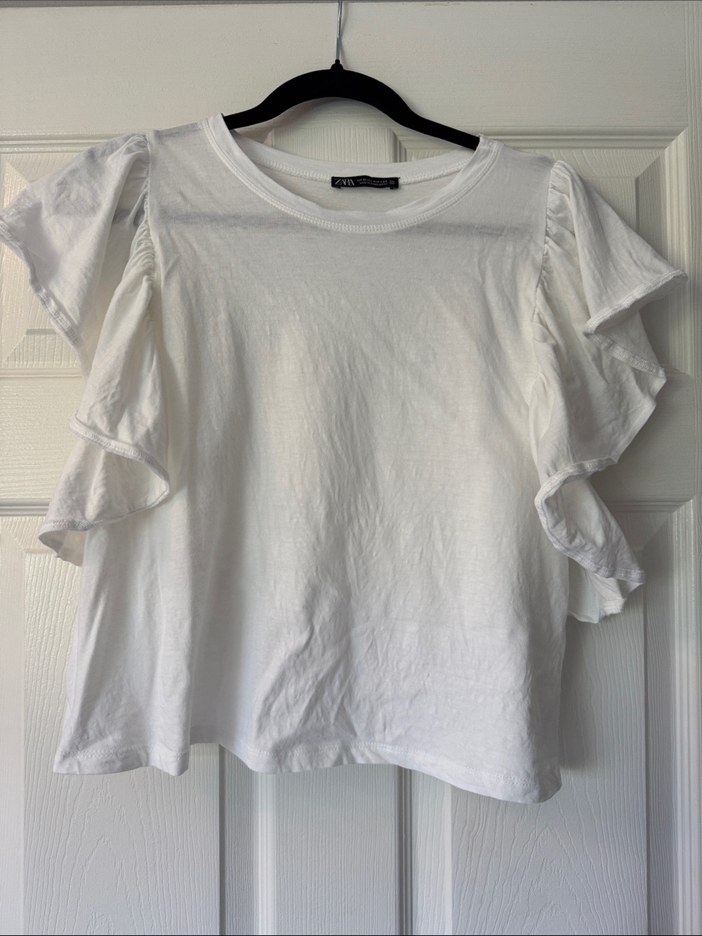 Zara White Ruffle Sleeve Short-Sleeve Tee